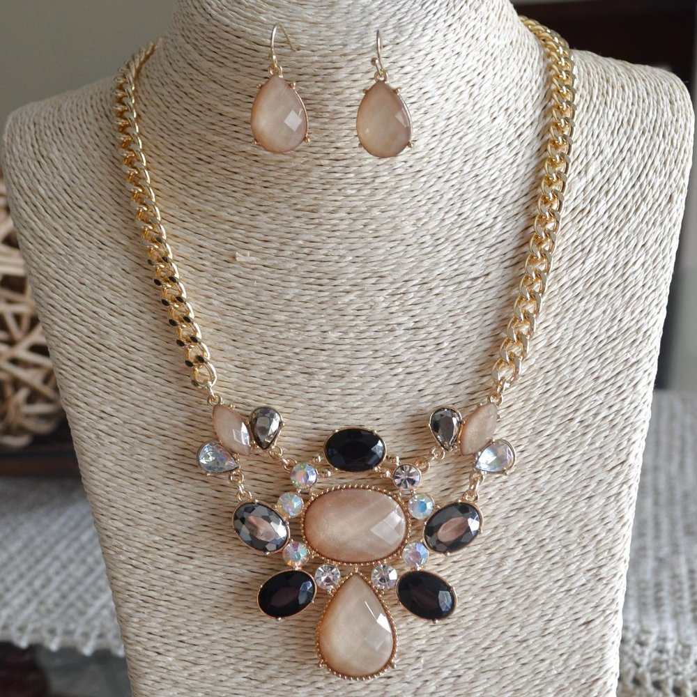 Champagne Faux Crystal Bib Statement Necklace Set